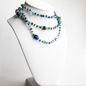 𝅺Vintage Coro Necklace Beaded Glass Long Flapper Necklace Blue Green Clear